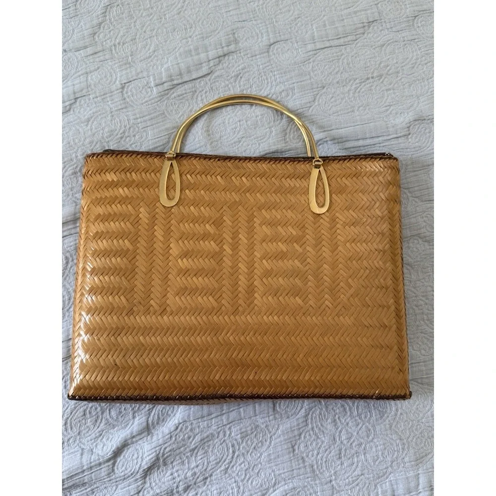 Rattan Woven Bag Carry Case Small Vintage Tote Purse Gold Handle 70s Beach